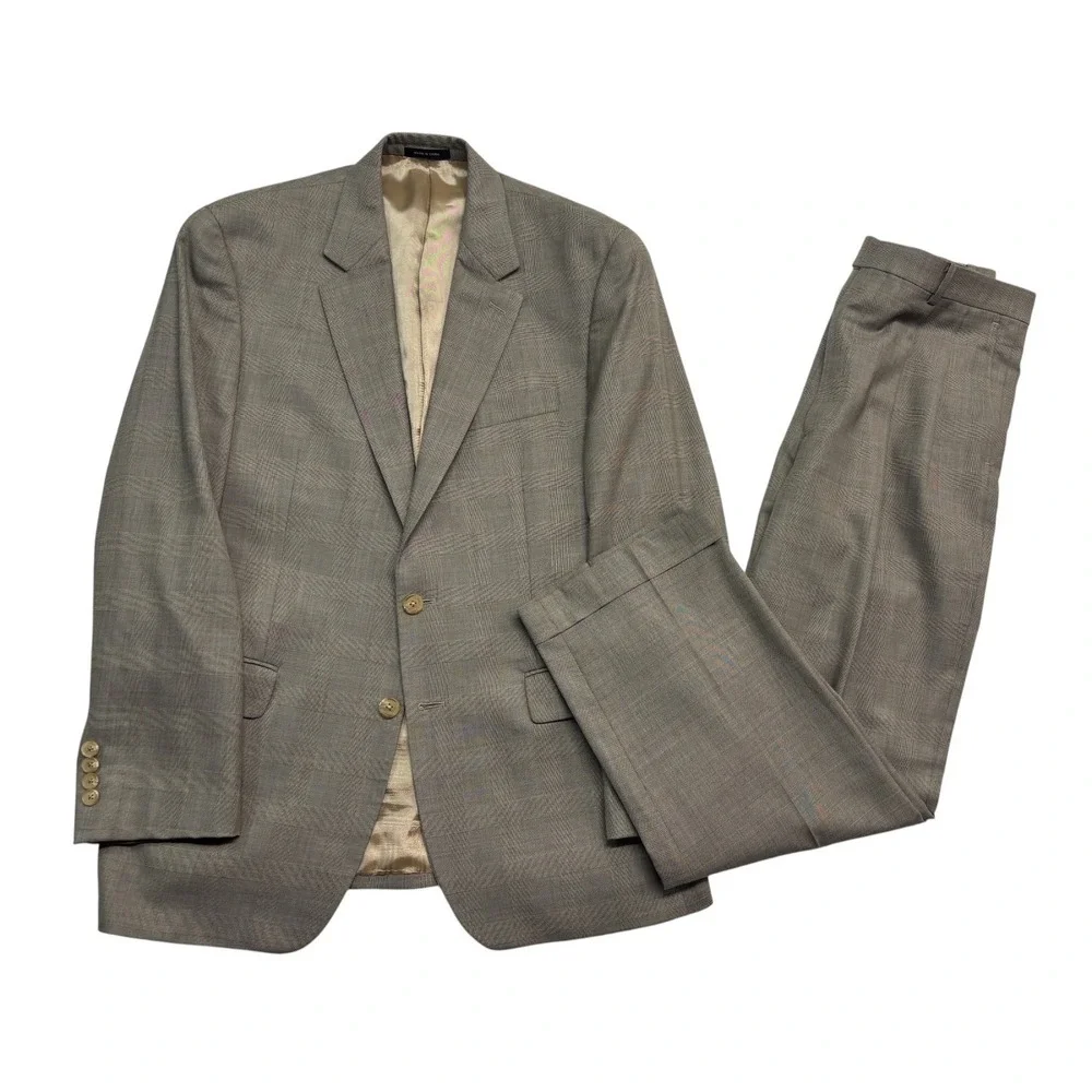 Ralph Lauren 40R 34x30 Taupe Glen Plaid 2pc Pant Suit Wool Pleated Cuffed